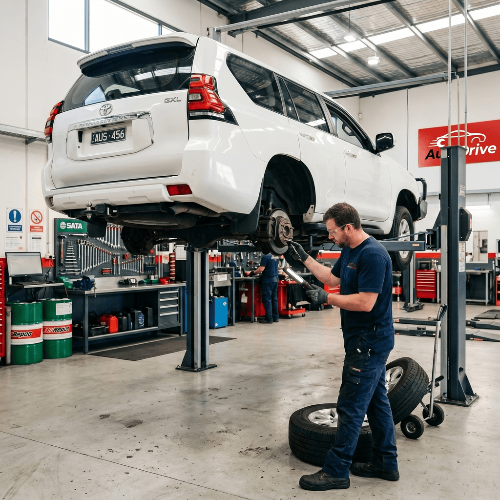 Quality used vehicle inspected on a hoist at the AutoDrive workshop